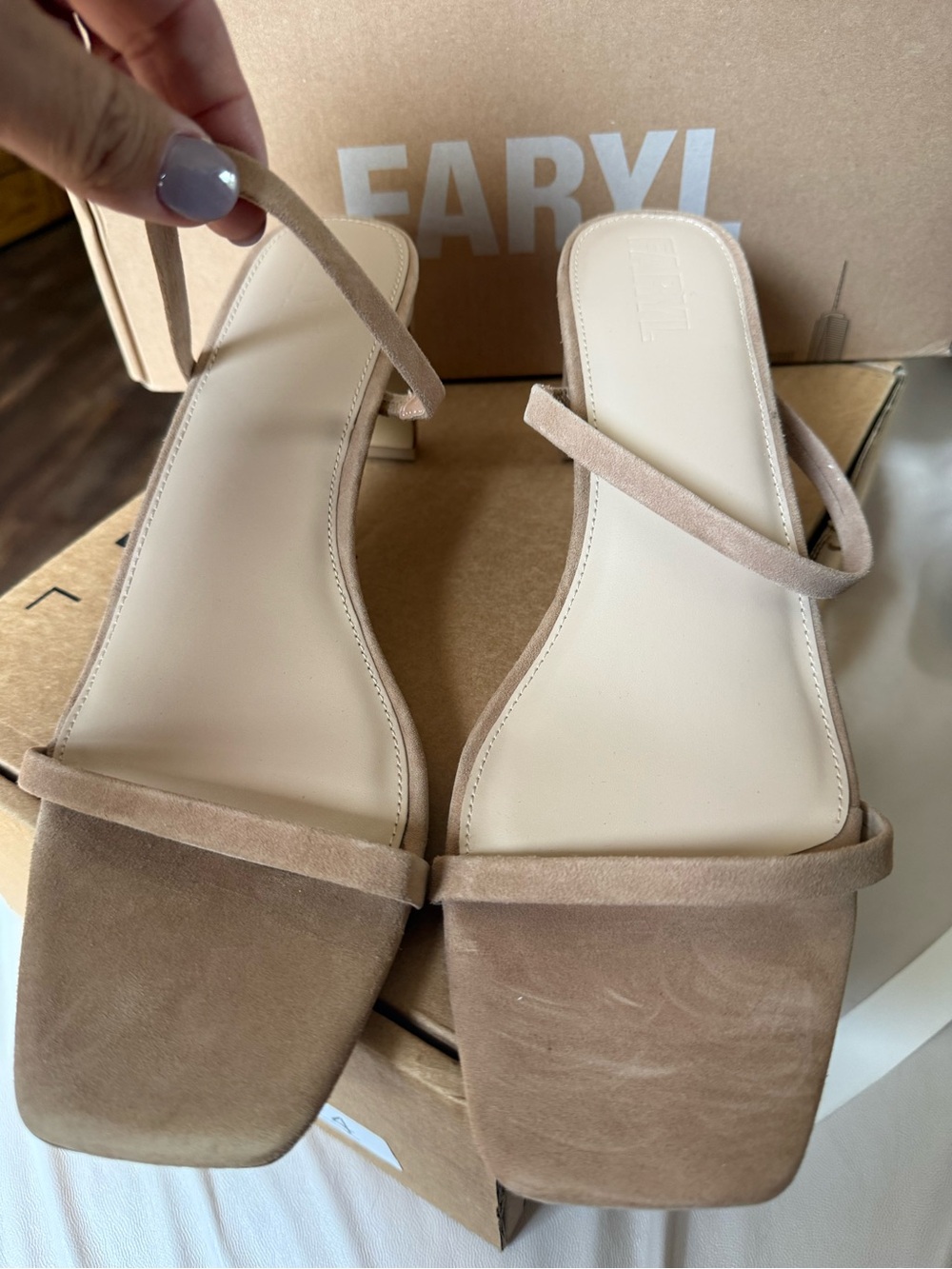 Faryl Beige Suede Strappy Square-Toe Low Heel Sandals